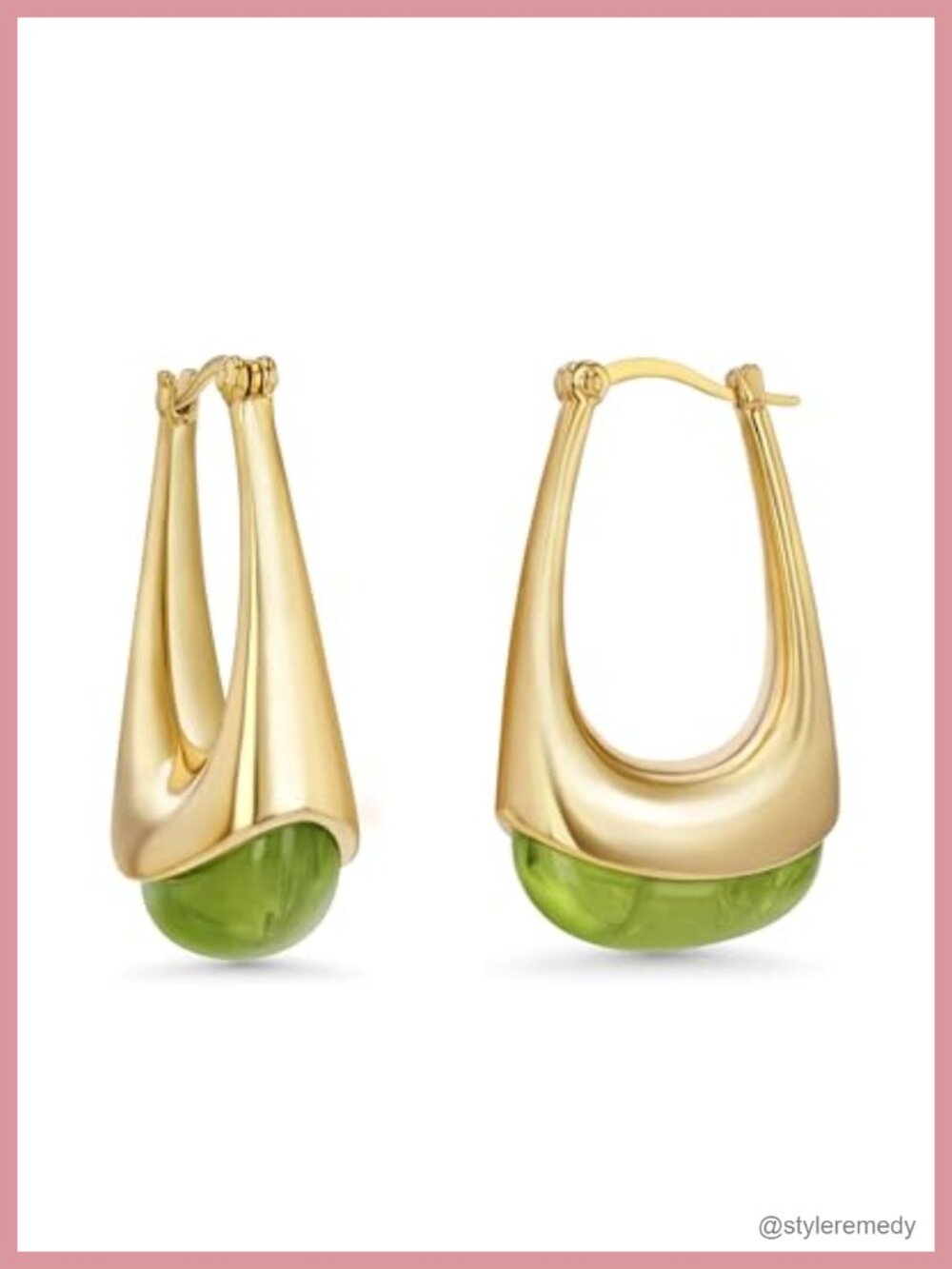 18K Gold Plated Long Oval Chunky Hoop Earrings with Resin Gemstone